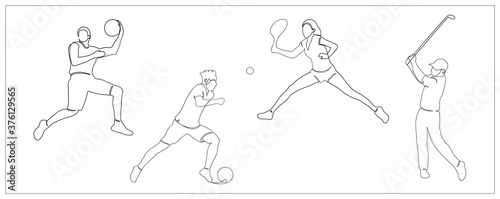 Athletic silhouettes, golf, soccer, tennis, basketball player , one line art vectors, athletes sketch 