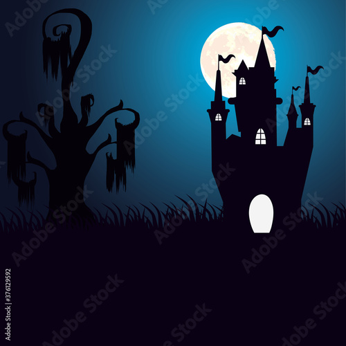 happy halloween card with haunted castle and moon scene