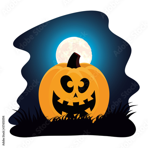 happy halloween card with pumpkin and fullmoon scene