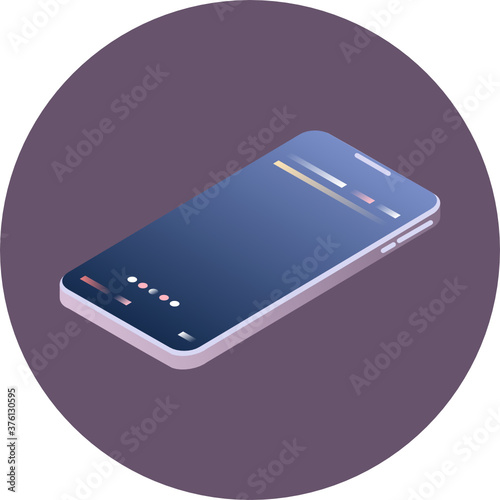 3d isometric smartphone in circle icon. Realistic cell phone can be a template for infographics or presentation of interface. Frame less smartphone. Vector Illustration UI/UX design. 