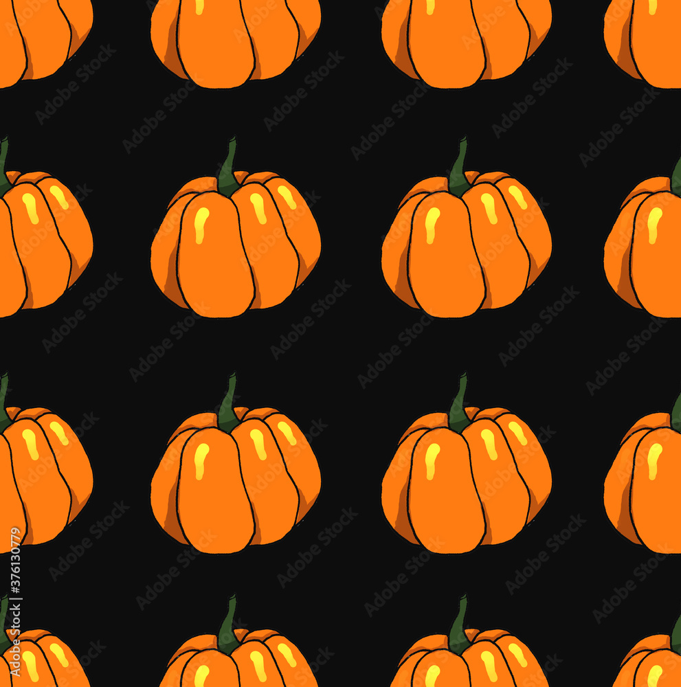Orange halloween pumpkins on black background as autumn halloween seamless pattern wallpaper bakground illustration    