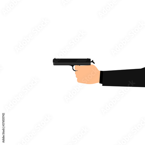 Hand holds a gun on a white background.