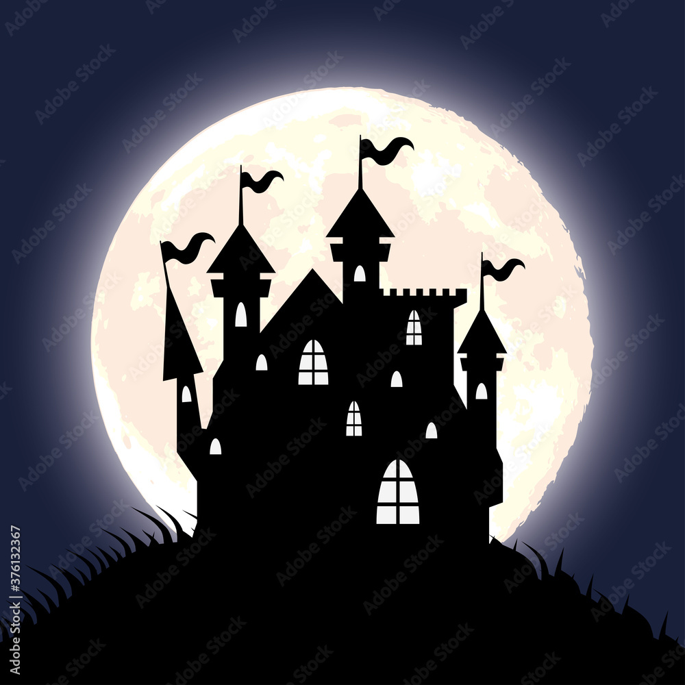 happy halloween card with haunted house and moon scene