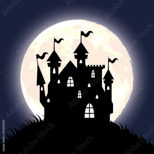happy halloween card with haunted house and moon scene