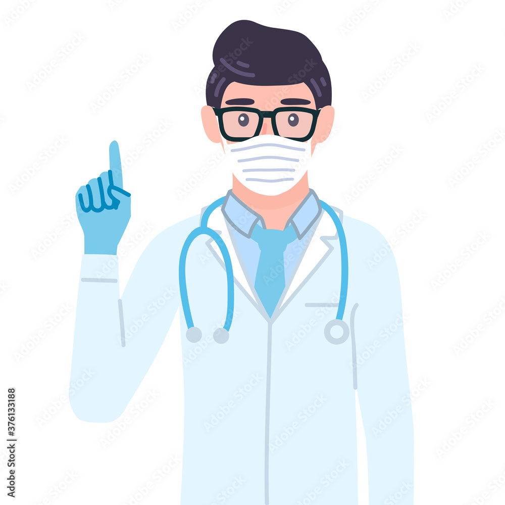 Doctor pointing finger up. Male personage came up with idea, gesturing. Character giving advice Doctor pointing finger up. Male personage came up with idea, gesturing. Character giving advice
