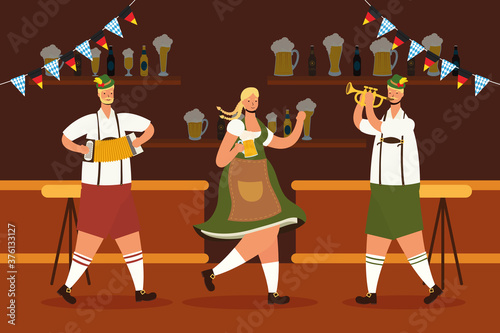 german people wearing tyrolean suit drinking beers and playing instruments in bar