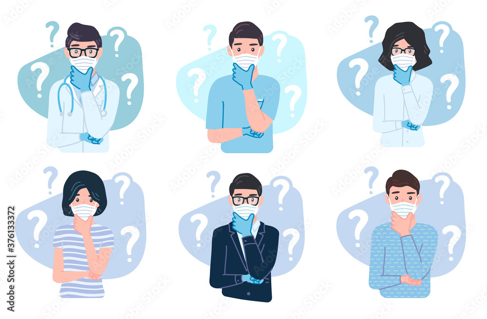 Thinking people wearing protective medical mask and gloves for prevent corona virus Covid-19 Thinking people wearing protective medical mask and gloves for prevent corona virus Covid-19