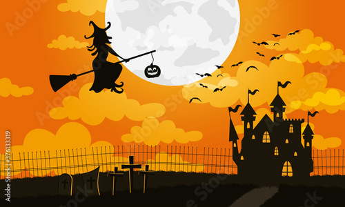 happy halloween card with haunted house and witch flying