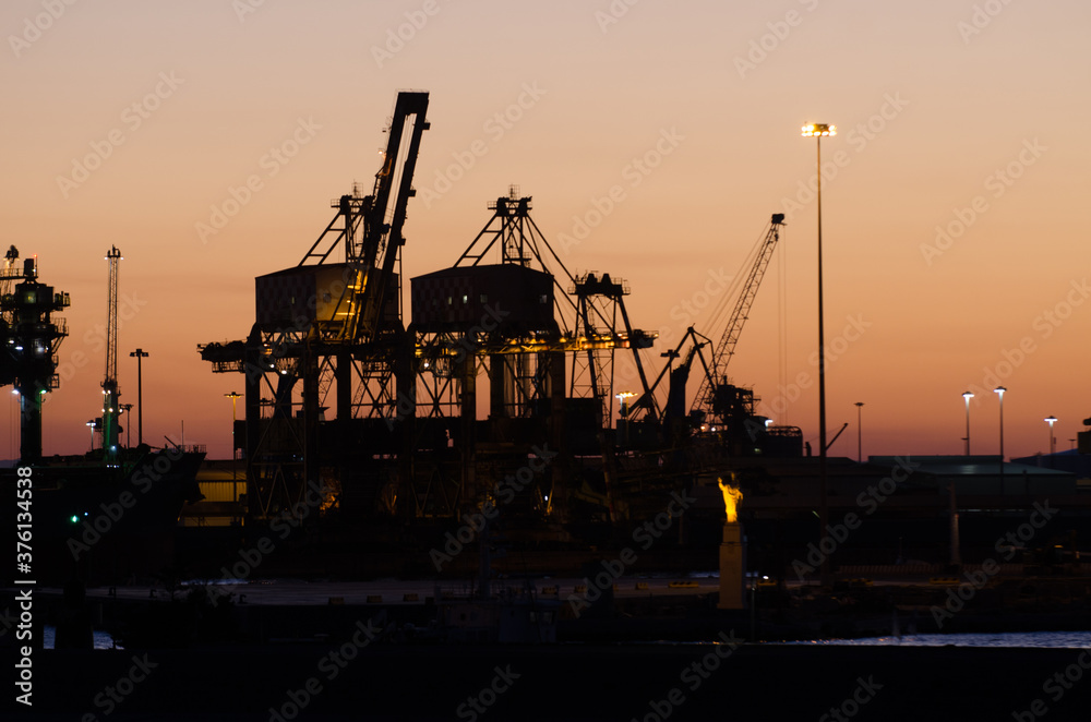 cranes on the docks in the sunset