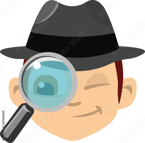 Vector emoticon illustration of the face of a detective, observing with a magnifying glass