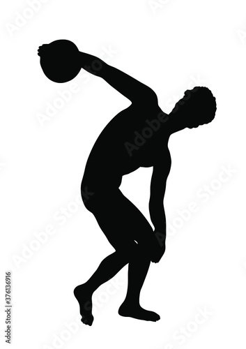 Disc thrower vector silhouette illustration isolated on white background.  Discus thrower symbol. Discobolo or discobolus antic sportsman symbol. photo