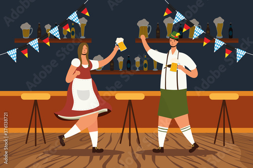 german couple wearing tyrolean suit drinking beers characters