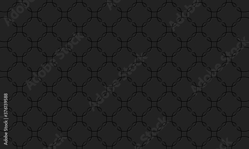 Stylish background pattern of abstract geometric shapes with indented outline. Vector graphics on a black background.