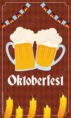 oktoberfest party lettering in poster with beers and barley spikes