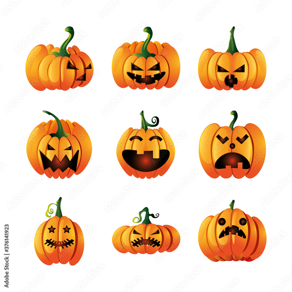 set of icons with pumpkins face for halloween on white background set of icons with pumpkins face for halloween on white background