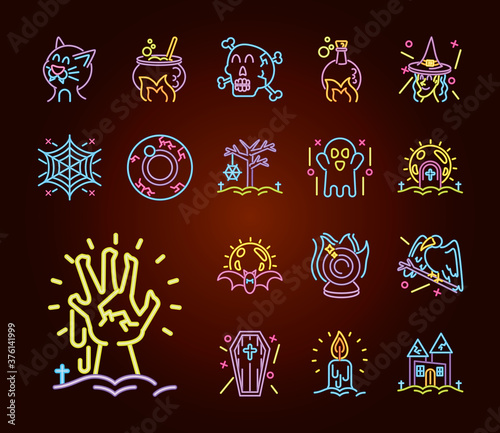 set of symbols in neon light for happy halloween