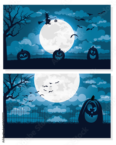 happy halloween card with witch flying and pumpkins scenes