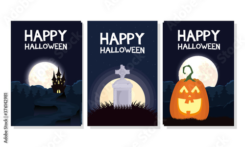 happy halloween card with letterings and set scenes