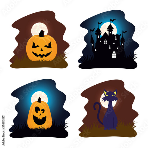 happy halloween card with pumpkins and haunted house scenes