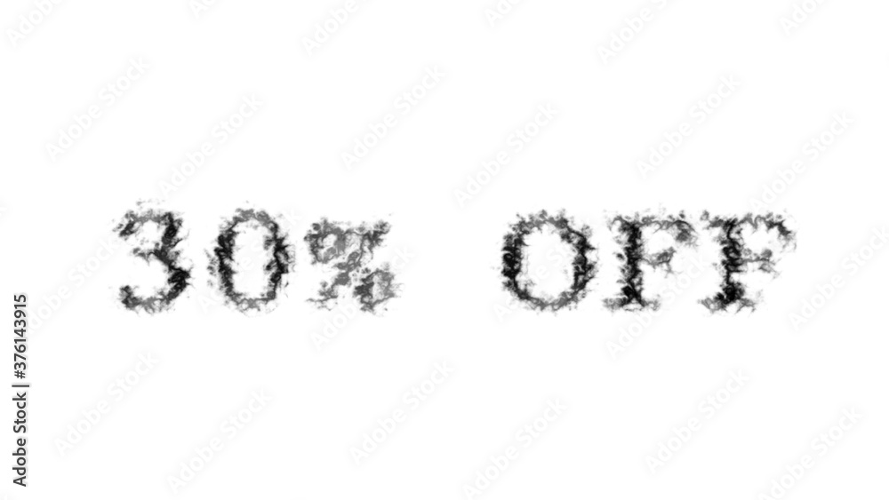 30% Off smoke text effect white isolated background. animated text effect with high visual impact. letter and text effect. 
