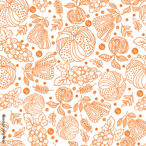 Thanksgiving line art doodle pumpkins, pear, apple, grape, leaf seamless pattern background design