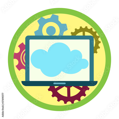 vector flat icon of a mobile application, the image of a cloud on a laptop monitor on a background of gears on a yellow circle with a green rim,eps 10, isolated on white