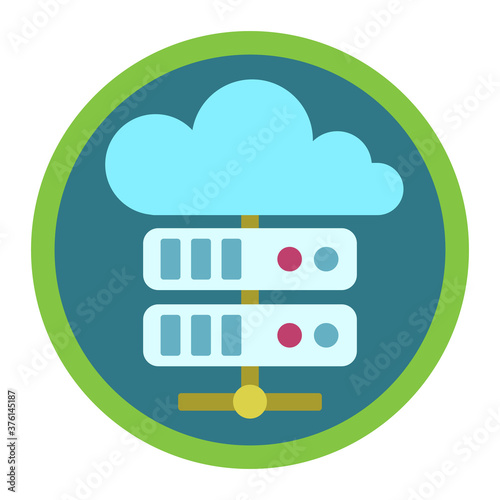 vector round green computer icon with cloud and database, eps 10, isolated on white