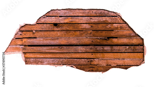 Traditional Old Rustic Lath and Plaster Home Building Construction. Damaged and Rotting Wood Isolated on White Background