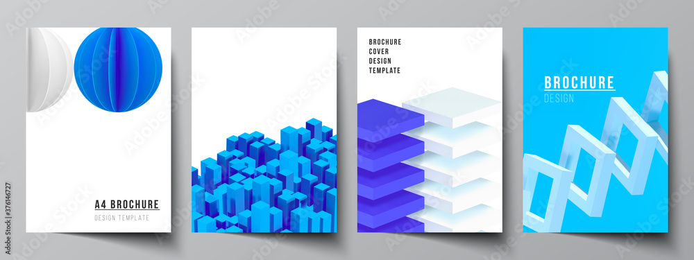 Vector layout of A4 cover mockups templates for brochure, flyer layout, booklet, cover design, book design. 3d render vector composition with dynamic realistic geometric blue shapes in motion.