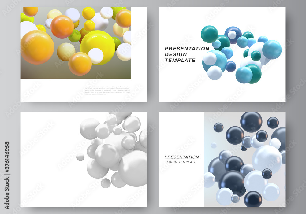 Vector layout of the presentation slides design business templates, multipurpose template for presentation brochure, report. Realistic vector background with multicolored 3d spheres, bubbles, balls.