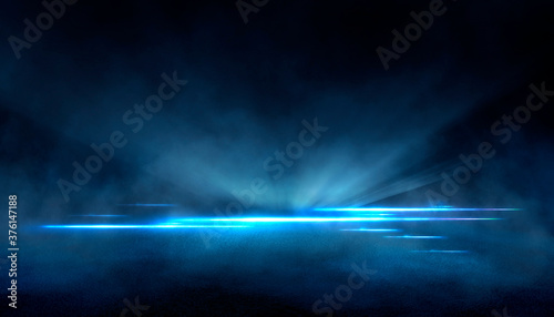 Abstract dark futuristic blue night background. Rays and lines, lightning, lights. Blue neon light, symmetrical reflection in water, futuristic landscape, stage. 3D illustration.