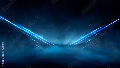 Abstract dark futuristic blue night background. Rays and lines, lightning, lights. Blue neon light, symmetrical reflection in water, futuristic landscape, stage. 3D illustration. photo