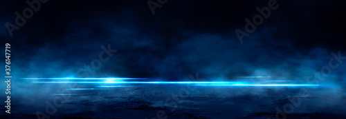 Abstract dark futuristic blue night background. Rays and lines, lightning, lights. Blue neon light, symmetrical reflection in water, futuristic landscape, stage. 3D illustration.