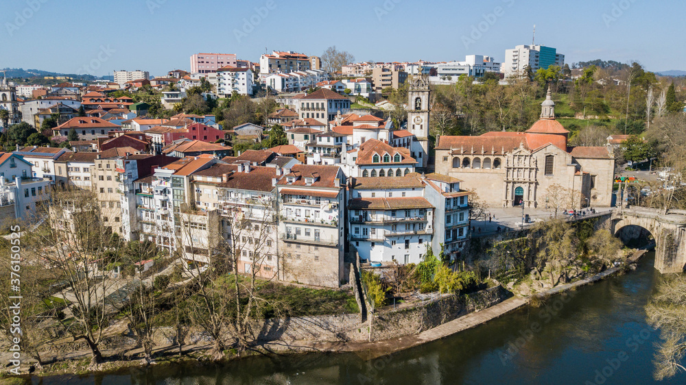 Aerial view of the city of Amarante, Portugal. Historic center of Amarante