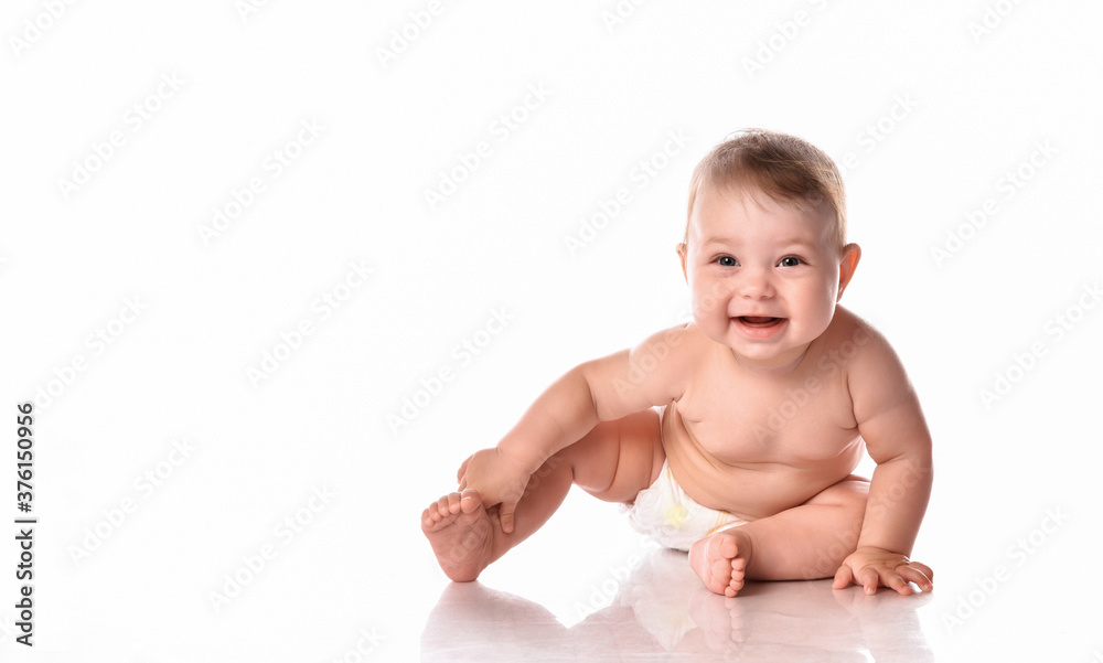 cute toddler baby in diapers smiling happily on white background cute toddler baby in diapers smiling happily on white background