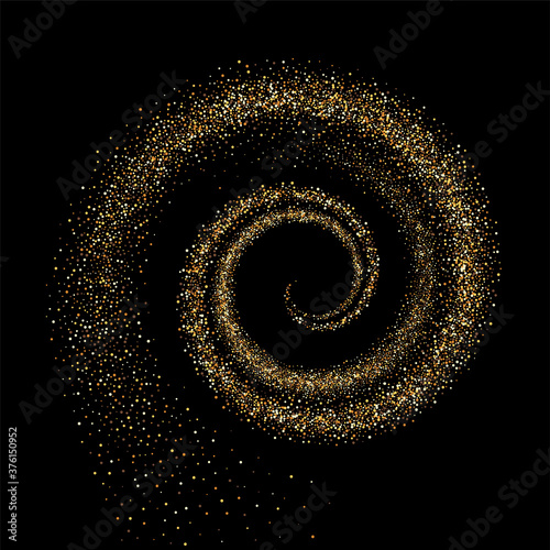 Gold spiral, funnel or whirlpool on a black background. Golden shiny trail with dynamic particles. Abstract vector illustration