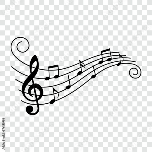 Music notes, black musical symbols on stave with swirls, isolated vector illustration.