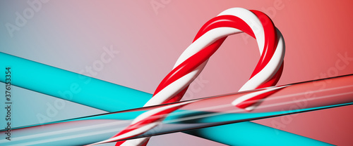 Minimal Merry Christmas abstract background for modern concept. Decorative candy cane and geometry tube on red colors background. 3d rendering illustration. Object isolate clipping path included.