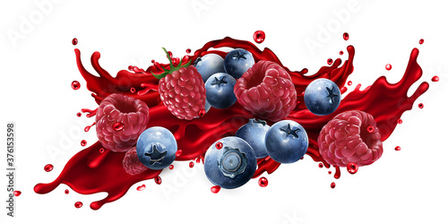 Splash of fruit juice with blueberries and raspberries.