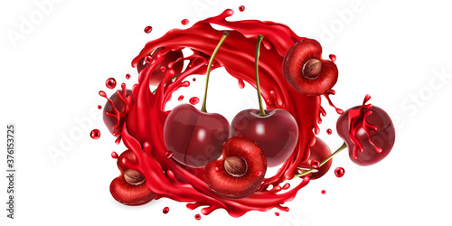Whole and sliced cherries in a juice splash circle.