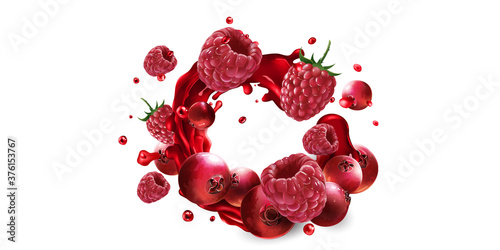 Cranberries and raspberries in a splash of red fruit juice.