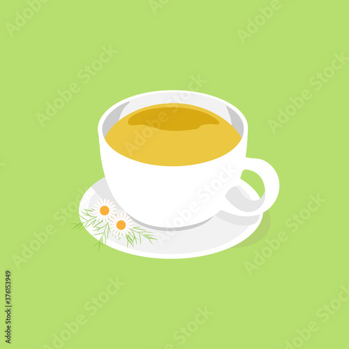 A cup of tea on a saucer with chamomile flowers.