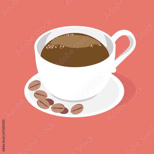 A cup of fragrant coffee on a saucer with coffee beans