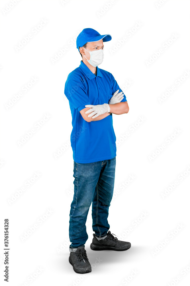 Confident courier wear mask and gloves on studio Confident courier wear mask and gloves on studio