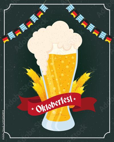 oktoberfest party lettering in ribbon with beer glass and garlands