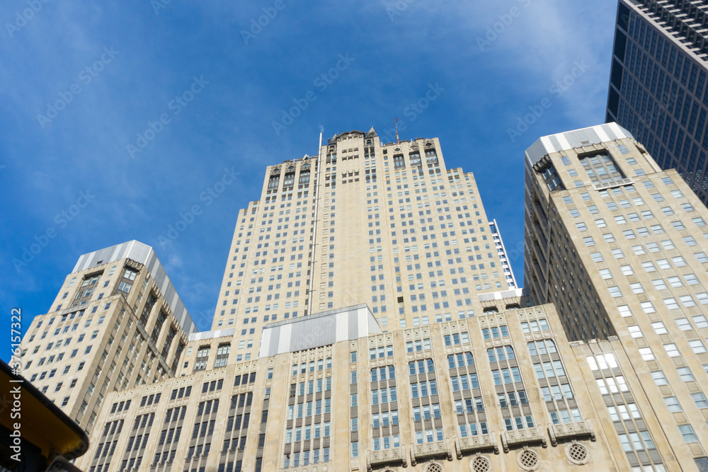 Skyline of buildings at Chicago river shore, Chicago, Illinois, United States