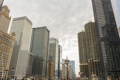 Skyline of buildings at Chicago river shore, Chicago, Illinois, United States © bennnn