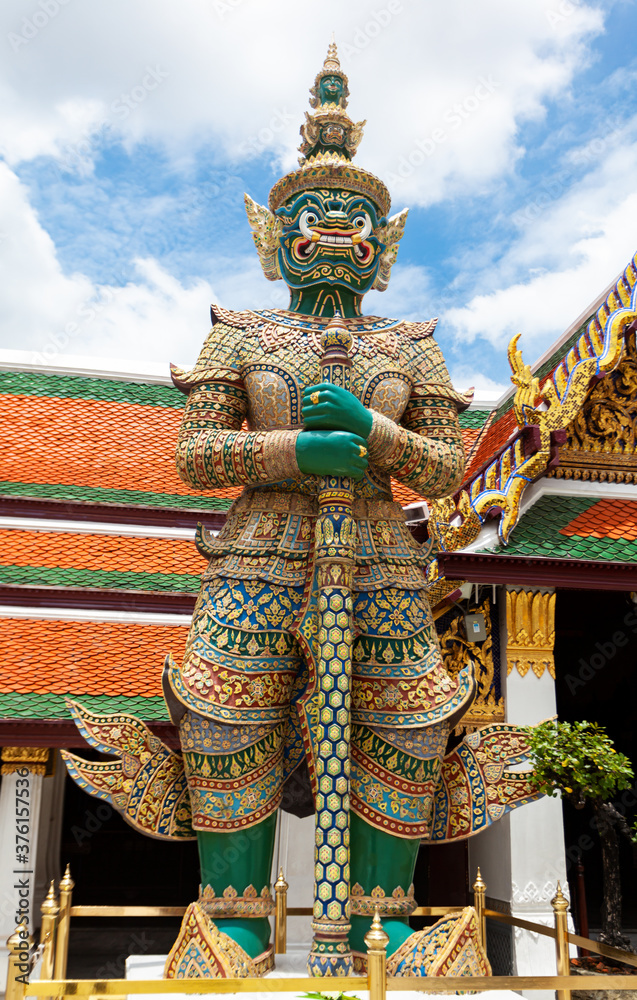 Demon Guardian in Temple of the Emerald Buddha (Wat Phra Kaew)  Bangkok  Thailand Traditional religious architecture of Asia Tourist destination