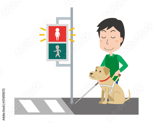 信号待ちをする視覚障がい者と盲導犬