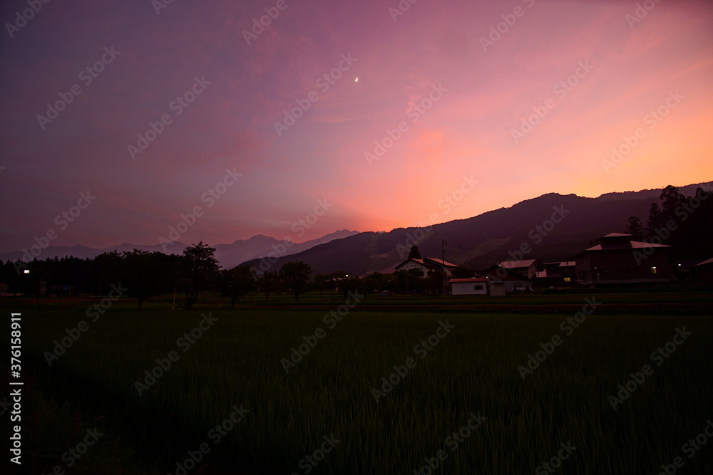 purple sunset in the mountains, Japanese alps, Hakuba, Japan